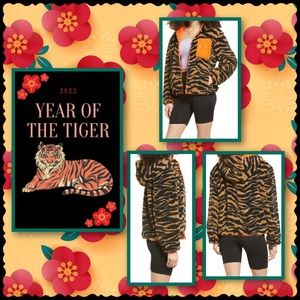 BP Tiger Print Faux Shearling Hooded Jacket